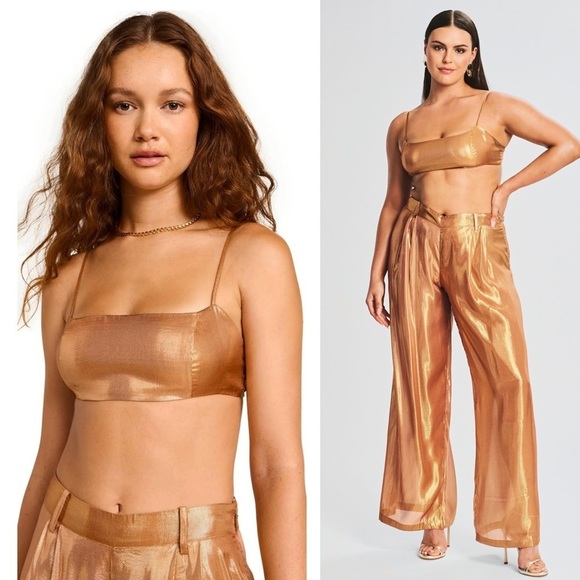 NWT RETROFETE Set Silk Metallic Chiffon High Waist Pleated Short & Bra Top XL - Picture 3 of 16